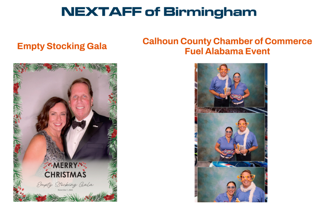 Mark and Jennifer Hansil, owners of NEXTAFF of Birmingham, a leading Birmingham staffing agency, giving back to their community through local events. On the left, they are dressed in formal attire at the 2024 Empty Stocking Gala. On the right, they attend the Calhoun County Chamber of Commerce Fuel Alabama Event, wearing NEXTAFF shirts and posing playfully. These photos highlight the community outreach efforts of this dedicated staffing agency team.