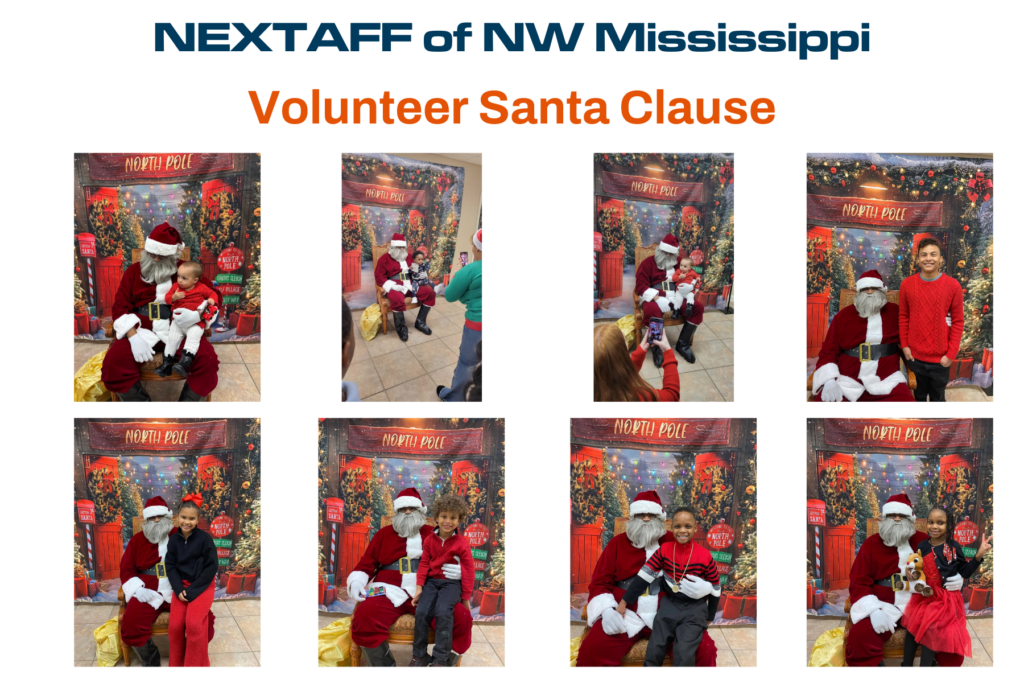 Myron Taylor, owner of NEXTAFF of NW Mississippi, a trusted staffing agency, volunteering as Santa Claus during a community holiday event. Dressed in full Santa attire, he poses with smiling children in front of a festive “North Pole” backdrop. This heartwarming moment highlights the Birmingham-area staffing agency’s commitment to community engagement and spreading holiday cheer.