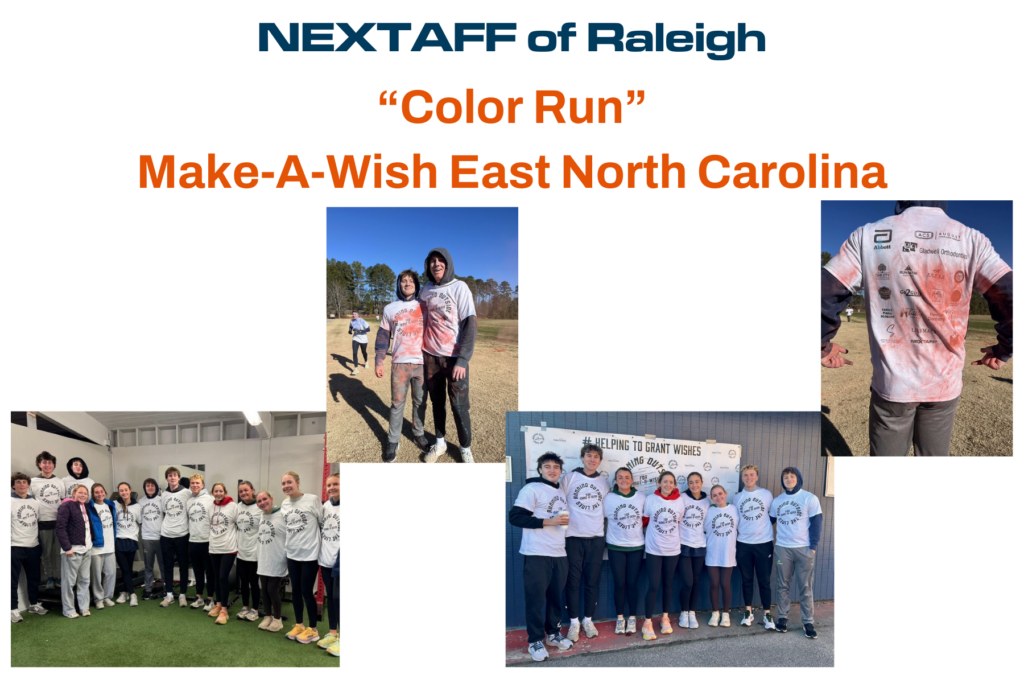 Beth Klatt, owner of NEXTAFF of Raleigh, a leading Raleigh staffing agency, participates in a Color Run alongside her team and their families to support Make-A-Wish East North Carolina. The group is pictured before and after the run, proudly wearing custom event shirts and showing their support for a meaningful cause. This event highlights the staffing agency’s commitment to giving back and engaging with the local Raleigh community.