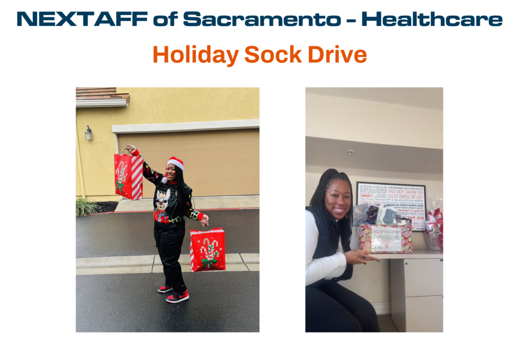 Kiara Mosley, Branch Manager of NEXTAFF of Sacramento – Healthcare, a healthcare staffing agency, leads a Holiday Sock Drive to support the local community. In the photos, she’s seen cheerfully collecting and displaying festive gift bags and a decorated donation box filled with warm socks. This initiative highlights the compassionate outreach efforts of the Sacramento staffing agency during the holiday season.